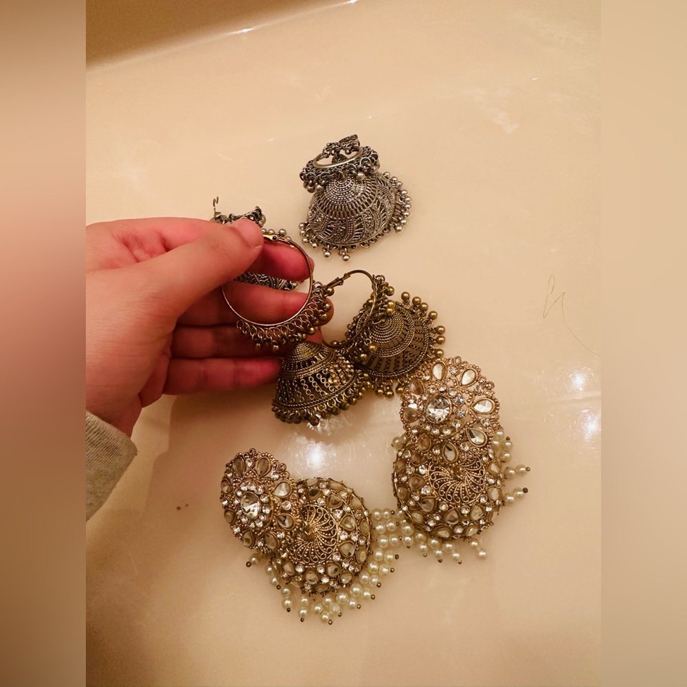 Jhumka Trio Bundle:Oxidized Silver, Antique Gold,Kundan Pearl Statement Earrings - Picture 4 of 5
